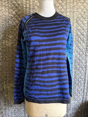 Blue and Black Striped Crewneck Sweater 100%silk